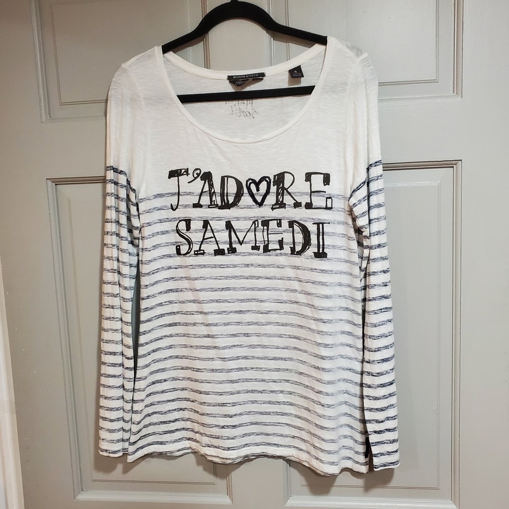 Maison Scotch Women Top L‎ Striped Black & White Long Sleeves Lightweight